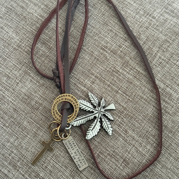 Long Necklace, Leather Silver & Brown Leaf Pendant Necklace, Handmade Jewelry - Picture 9 of 11